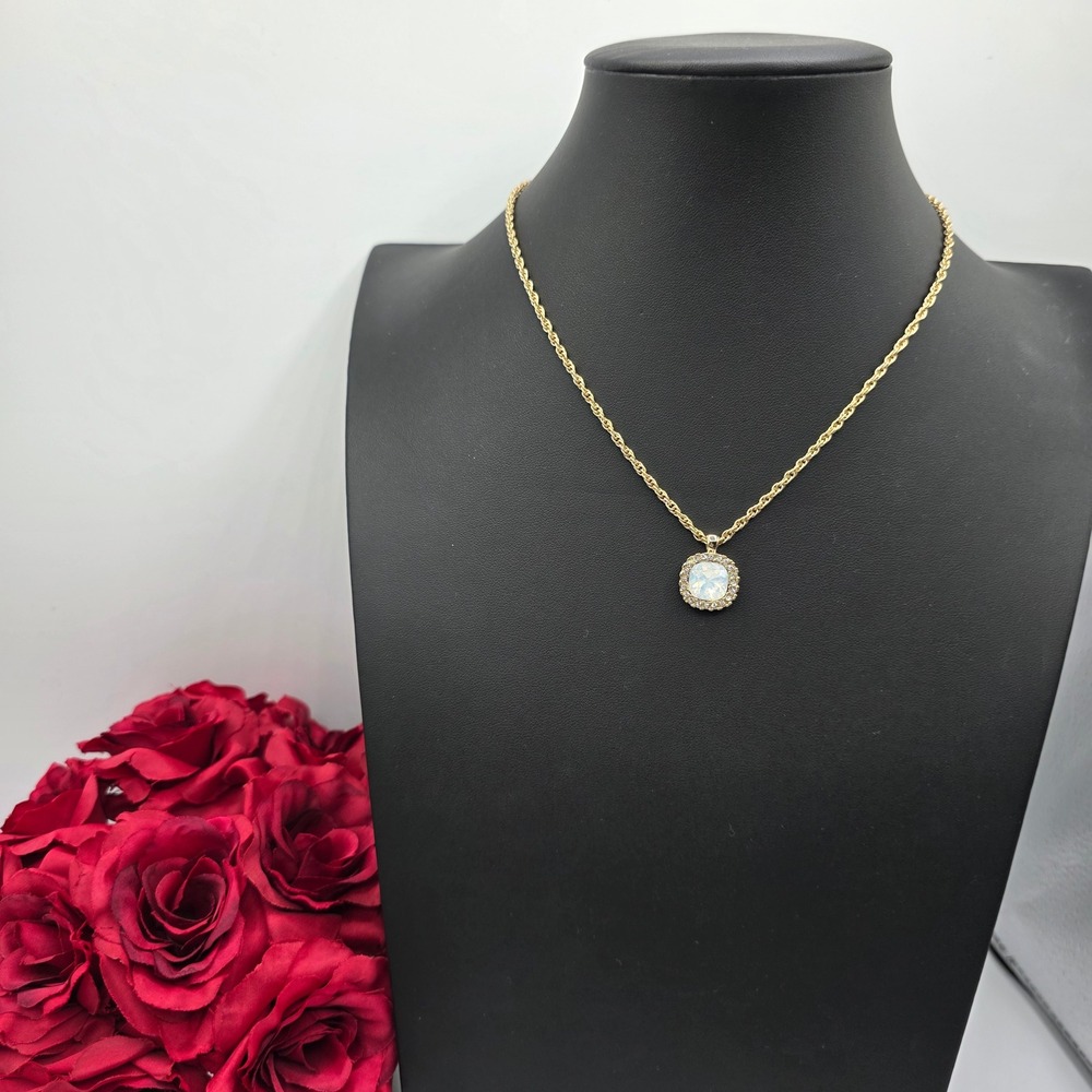 Charter‎ Club Gold Tone Cushion Opal Glass Crystal Halo Pendant Rope Necklace